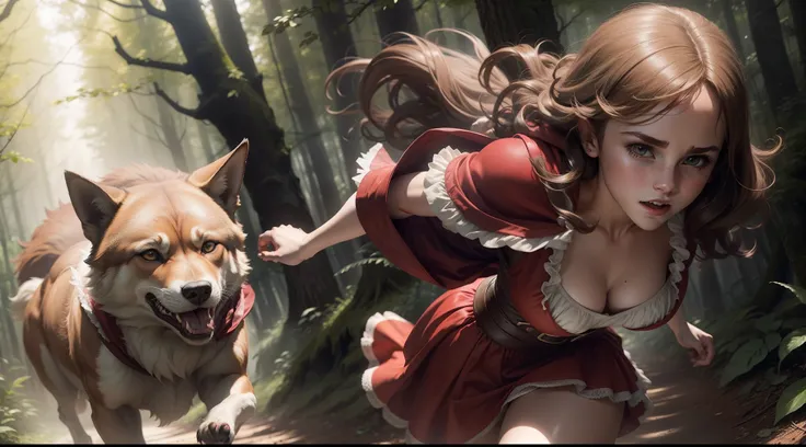 teen Emma Watson as little red riding hood running through the forest chased by a ferocious wolf, cleavage showing.