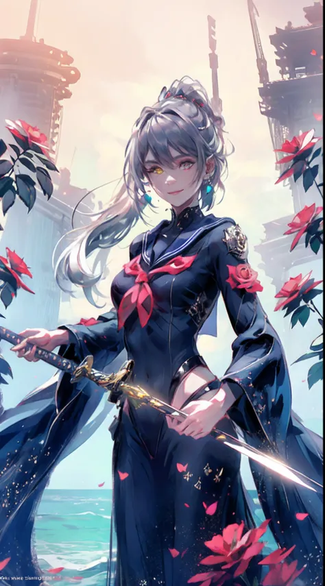 Garden covered with red roses in the background, Silver hair, front ponytail, eyes reflection, red contact lenses, Pink eyes,Heterochromia， Wear earrings, Blue crystal pendant，Evil smile, shairband，High detail, romanticism lain, Depth of field, Sparkle, Ra...