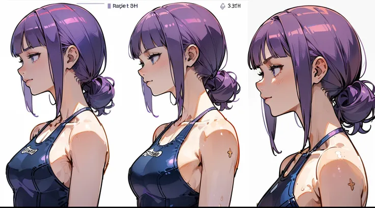 ((Best Quality)), ((Masterpiece)), ((Realistic)) 19 year old, redhead girl, shoulder length hair, relaxed happy face ((slender)) (busty), (((  light purple one piece swimsuit ))) ((sexy )) textured pixie haircut (((detailed character sheet, frontal view, s...