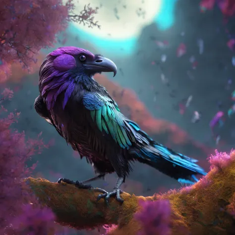 close shot  of a mythical raven with colorful feathers, galaxy eyes, shiny feathers, detailed feathers, detailed big eyes, the owl is landing on an alien tree branch , looking at viewers with the eyes of judgement, focus, alien landscape background .BREAK,...