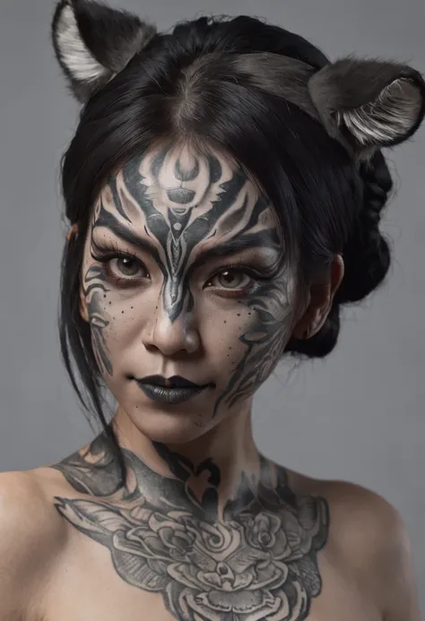 Black and gray realistic tattoo art of tiger withalf +Hannya mask style (((tiger eyes))) +black woman on right side, illustrator, 0mib, masterpiece, high quality, black and gray, monochrome, 8k, high resolution, high detail, japanese, samurai, extremely de...