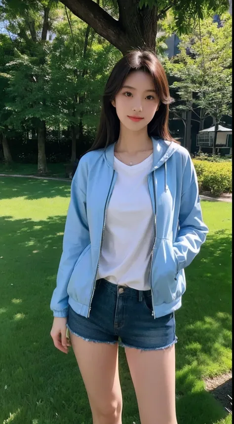 (masutepiece 、Best Quality 、HDR UHD 、Professional)、(Photorealsitic:1.4)、1girl in、A Japanese Lady、Natural light、 Realistic face、 long brown hair、 Wearing a jacket、Shorts、a park、lawn、blue-sky