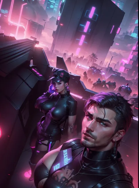 handsome man with sexy girl on the background big breast, cyberpunk background robots