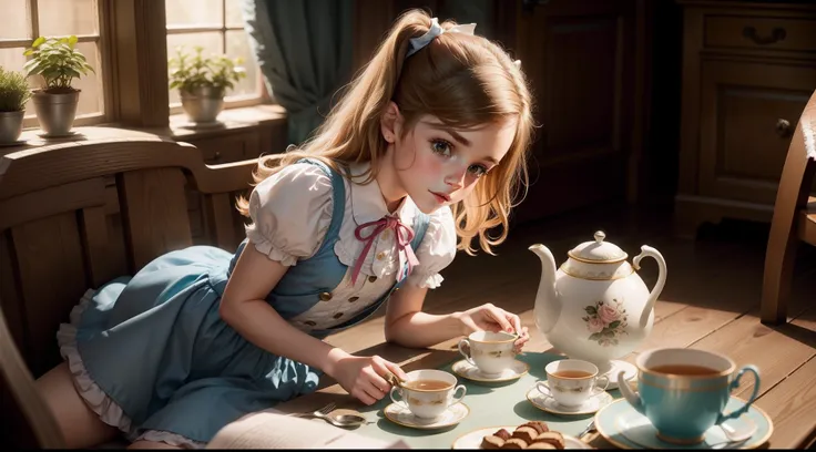 tween Emma Watson as cute Alice in wonderland, tea party