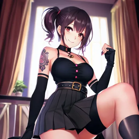 best quality, ultra-detailed, 1girl, solo, belorta, breasts, looking_at_viewer, blush, smile, short_hair, bangs, skirt, d, thighhighs, gloves, bare_shoulders, twintails, closed_mouth, ,yellow_eyes, pleated_skirt, boots, tongue, black_gloves, belt, black_th...