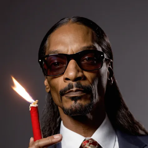 Snoop Dogg smoking a big red stick of dynamite, Photo in color