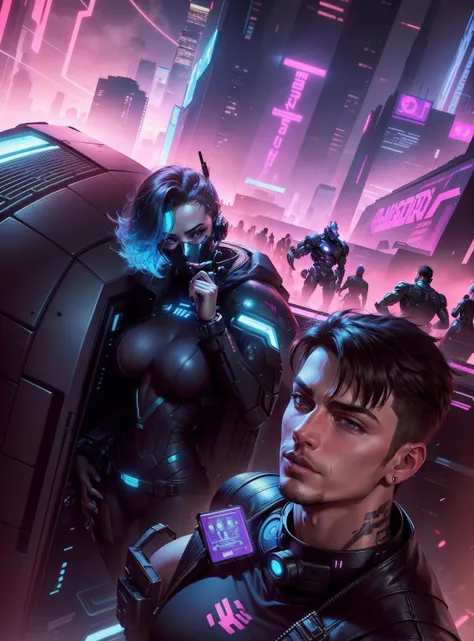 handsome straight man, sexy girl on the background big breast, cyberpunk background robots