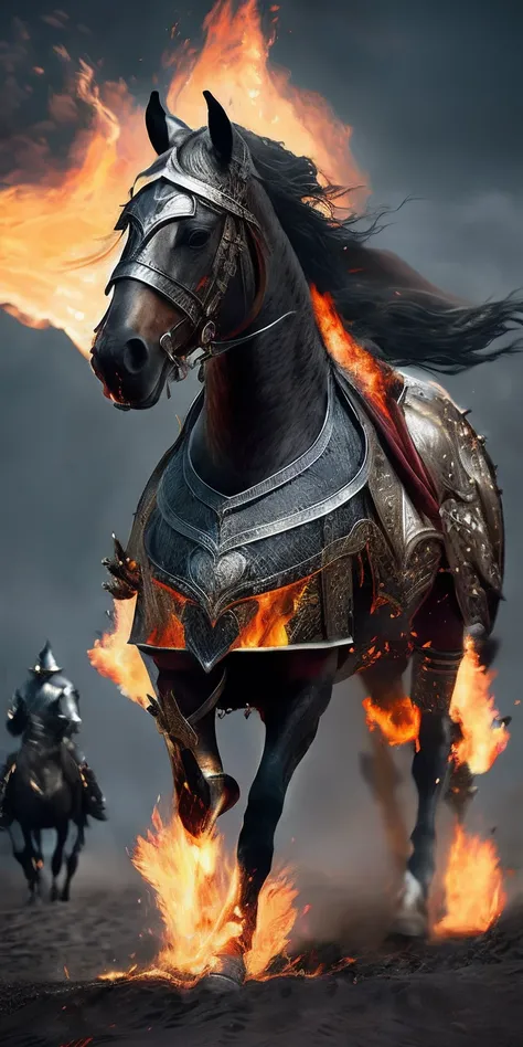 horses are running in the sand with flames in the air, dark souls knight, the dark souls knight, 4 k detail fantasy, lord of cinder, ultra detailed game art, horse warrior, flame conjuring armored, dark souls 3 themed, in style of dark souls 3, fantasy art...