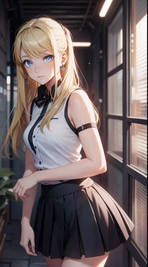 winryrockbell, winry rockbell, blue eyes, blonde hair, BREAK long hair, skirt, shirt, jewelry, white shirt, pleated skirt, earrings, sleeveless, blue skirt, bare arms, sleeveless shirt, BREAK indoors, BREAK looking at viewer, BREAK (masterpiece:1.2), best ...