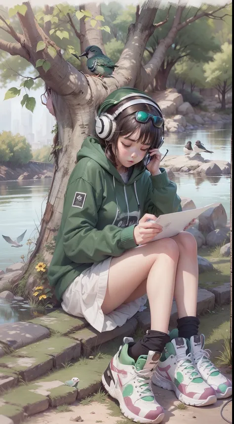 "1girl, solo,  drawing on a canvas while listening to music under a tree, behind the river with birds, wearing a green hoodies,on her head headphones."