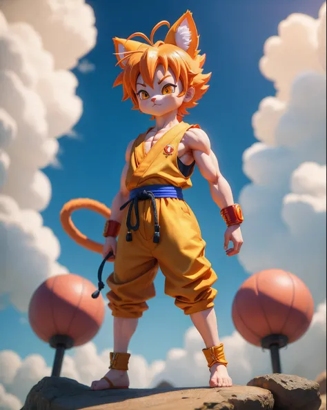 in 8K, Humanoid cat in Son Gokus outfit,,ighly detailed,Other legs are short、Standing on two legs、