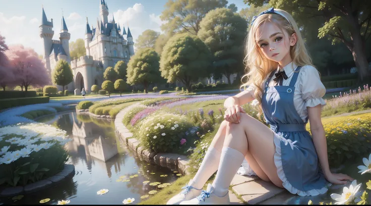 tween Emma Watson, blue dress, white apron, black hairband, white long socks, blonde wavy hair, cute pose, in a flower garden, pond, Disney castle at the background, blue sky, sunny day