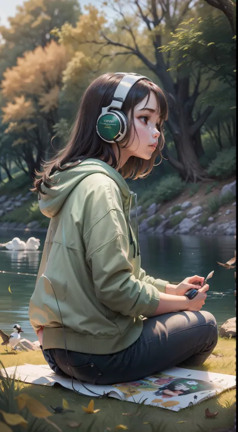 "1girl, solo,  drawing on a canvas while listening to music under a tree, behind the river with birds, wearing a green hoodies,on her head headphones."