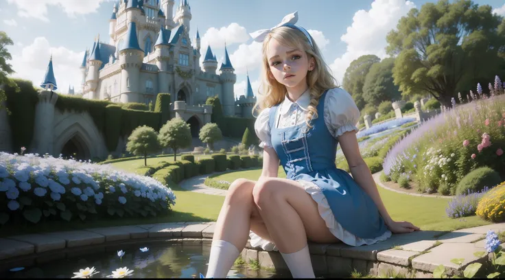 tween Emma Watson as Alice in wonderland, blue dress, white apron, black hairband, white long socks, blonde wavy hair, cute pose, in a flower garden, pond, Disney castle at the background, blue sky, sunny day