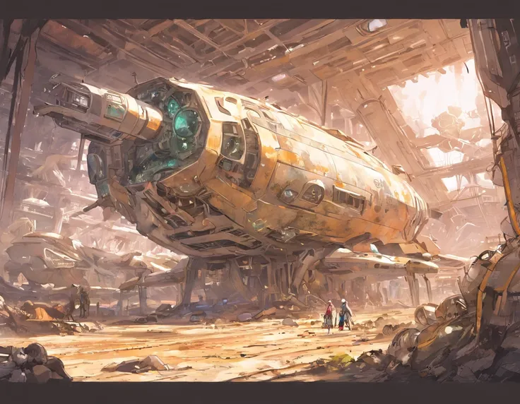 opened book, lying on the table, storybook illustration, inspired by Mark Simonetti, post-apocalyptic world on Venus, Alien vegetation has completely swallowed up the once busy spaceport, The spaceport is filled with dilapidated huge robots and rusty space...