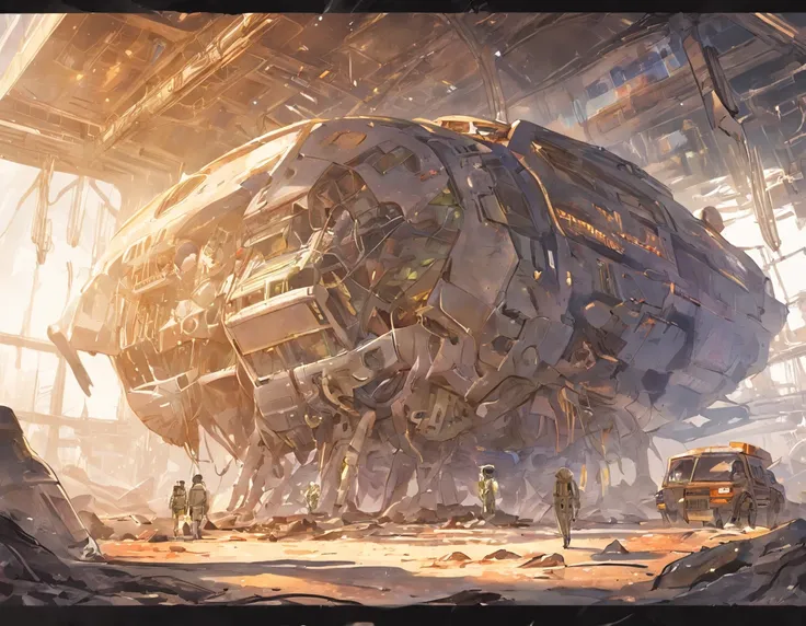 opened book, lying on the table, storybook illustration, inspired by Mark Simonetti, post-apocalyptic world on Venus, Alien vegetation has completely swallowed up the once busy spaceport, The spaceport is filled with dilapidated huge robots and rusty space...