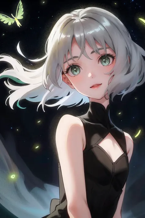 1girl, radiance, soft contours, upper body, 
sanya v. litvyak, smile, short fluffy silver hair, green eyes,
((black dress)), lil...