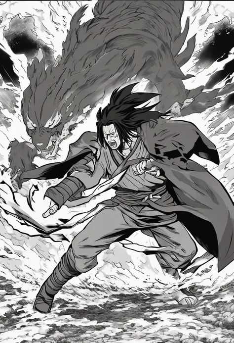 Create a dynamic animated scene depicting the legendary battle between Hashirama Senju and Madara Uchiha. The battlefield is a testament to their power, with shattered terrain and towering trees bearing witness to their conflict. The animation showcases th...