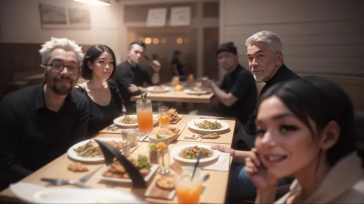 several people sitting at a table with plates of food and drinks, taken with the best dlsr camera, competition winning, shot on nikon z9, very artistic pose, artistic pose, family dinner, warm and joyful atmosphere, ready to eat, stylized photo, people ins...