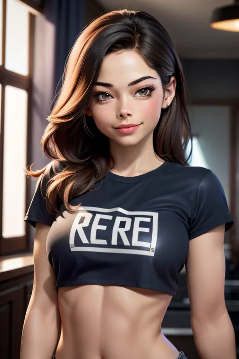 Kristin Kreuk, T-shirt crop, underboob, crop top, underboob,1vgirl,seulement, Haut du corps, Regarder le spectateur, content, seductive smile , manches courtes, gros breats:1.5, cheveux bruns:1.5,