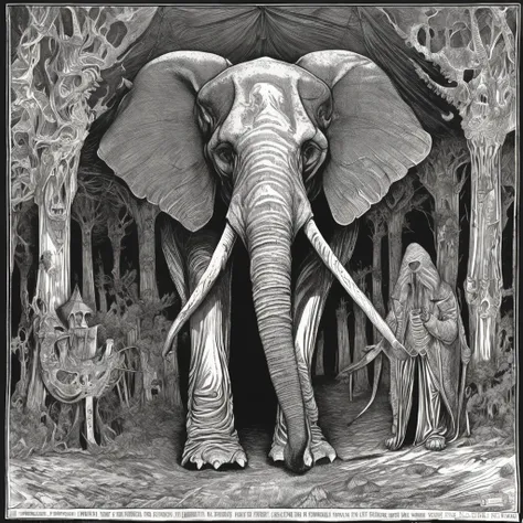 Illustration of a drawing of an elephant with a skeleton in a tent, an illustration inspired by Joseph Clement Coll, Reddit, Hurufiyya, um enorme rei elefante, Sardax, Estilo de Bernie Wrightson, d & D loxodon, Estilo de Virgil Finlay, Retrato de um Mind F...