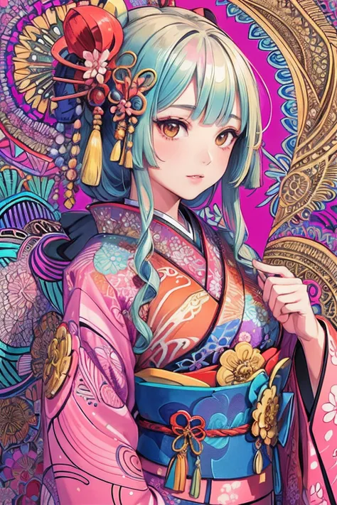 (beautiful masterpiece detailed (zentangle:1.2) image of (1girl:1.3) wearing (traditional kimono dress:1.2)), top quality, best quality, official art, extremely detailed, (fractal art:1.2), colorful, highest, (dynamic pose), (abstract background:1.5), (shi...