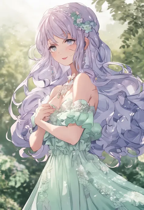 A young girl, with wavy purple hair and light blue eyes like crystal, wears a decent dress that does not show her feminine charm, she is soo cute, she wear a long white skirt, with a simple green T-shirt writed on its a word "Princess"