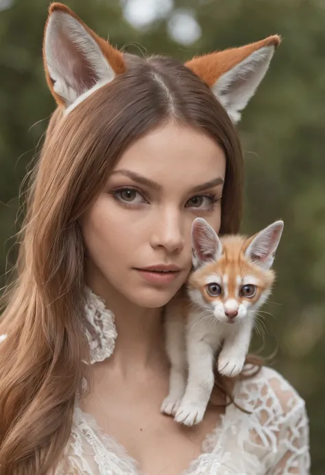 um close up de uma mulher usando orelhas de gato e um estrangulamento, orelhas de raposa, menina com orelhas de raposa, orelhas de raposa fofas, orelhas de raposa branca, ultrarrealista doce coelhinho menina, uma bela raposa senhora, pele hiper realista, h...