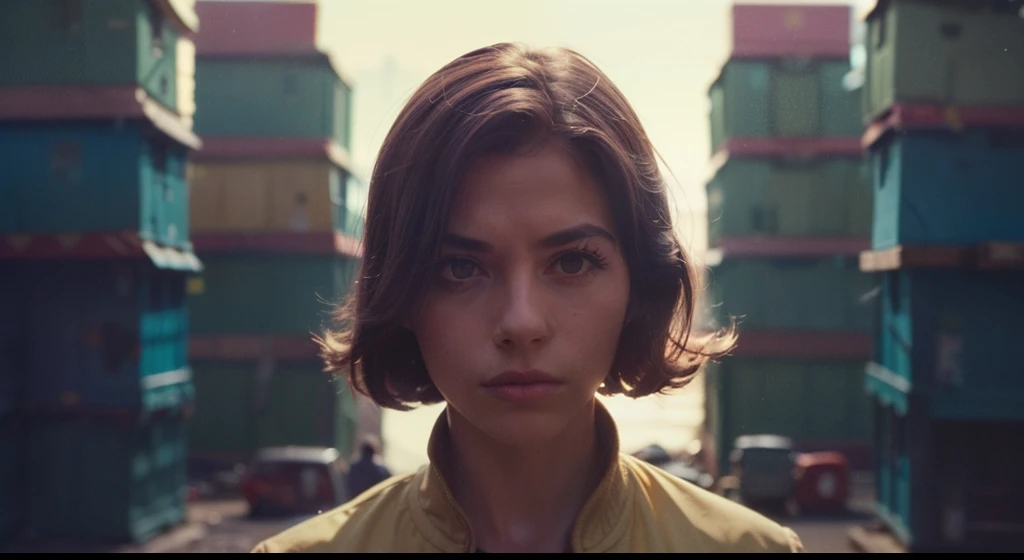 4k image from a 1960s science fiction film, Imagem do filme de Wes Anderson, pastels colors, 1girl, dressed in a yellow bomber jacket  standing in a crowded shanty town, Luz Natural, cinematic, Psicodelia, retro-futuristic,  highly detailed, intricate, sha...