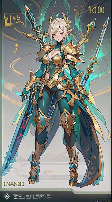 design a layout showcase gaming character, ((1elf 10yo)), big_boobs. golden+purle clothes, stylish and unique, ((showcase weapon...