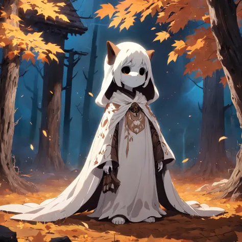 Little ghost，Bark-like fur in tan and brown，The head is black，Soft ears，Black leather armor，Branches that grow from fur，Autumn leaves grow on it，Best quality，tmasterpiece