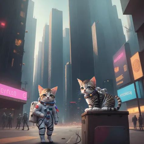 Kitten astronaut explores cyberpunk city