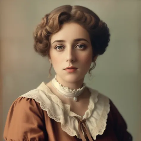 There is a woman with a brown dress and a white collar, colorido 1 9 0 4 foto, autochrome pearl portrait, Foto de uma mulher, uma foto colorida, inspired by Anna Füssli, Retrato de Lumastina Celerraria, Leonora Karrington, Maria Panfilova, colorido, imagem...