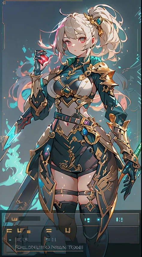 Design a layout showcase Gaming character, ((1girl)), big_boobs. Golden+Purle clothes, stylish and unique, ((showcase weapon:1.4)), magic staff, (masterpiece:1.2), (best quality), 4k, ultra-detailed, (Step by step design, layout art:1.5), (luminous lightin...