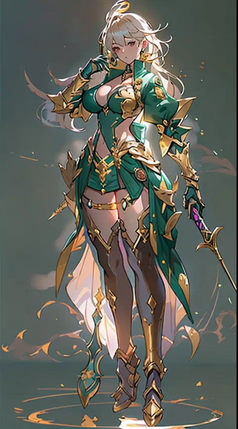 Design a layout showcase Gaming character, ((1girl)), big_boobs. Golden+Purle clothes, stylish and unique, ((showcase weapon:1.4)), magic staff, (masterpiece:1.2), (best quality), 4k, ultra-detailed, (Step by step design, layout art:1.5), (luminous lightin...