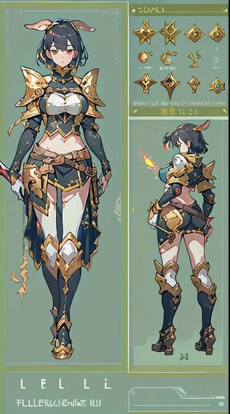 design a layout showcase gaming character, ((1girl)), big_boobs. golden+purle clothes, stylish and unique, ((showcase weapon:1.4...