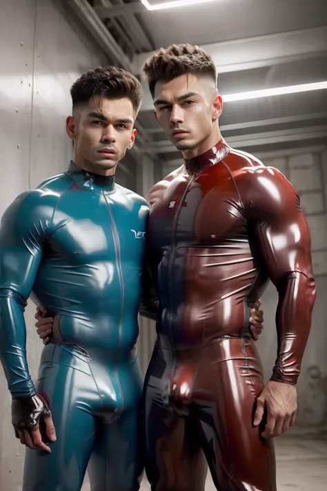 A young man，Sunny and handsome，No beard，chineseidol，Muscular body，large muscle，fully body photo，latex jumpsuit， latex shiny, latex legwear，latex glove，Wear the battle base，Tight combat suit，Latex Combat Suit，Wearing latex clothing, wearing tight suit, Smoo...