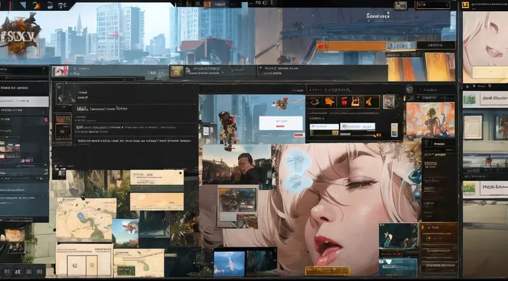 ((nsfw))a close up of a computer screen with a lot of screens, a screenshot by Ni Yuanlu, trending on polycount, fantastic realism, disco elysium, disco elysium style, disco elysium style!!!, gameplay screenshot with ui, small settlements, in - game, in-ga...