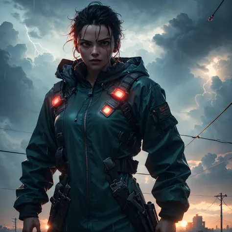 1woman wearing raincoat, (eye to camera:1.1), pixel, strong rain, neon lights, dangling sprinkler wires, cinematic lighting, closeup, cyberpunk, hard surface modeling, full of battle gear, red keylight, obscure lighting contrast, poetic, detailed, realisti...