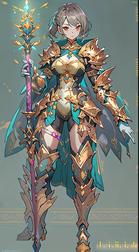 Design a layout showcase Gaming character, ((1girl)), big_boobs. Golden+Purle clothes, stylish and unique, ((showcase weapon:1.4)), magic staff, (masterpiece:1.2), (best quality), 4k, ultra-detailed, (Step by step design, layout art:1.5), (luminous lightin...