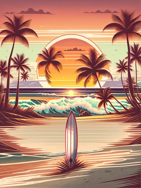 vector image for t-shirt print, white background, surf beach in realistic style, with sunset in the distance with coconut trees around. high quality and beautiful colors