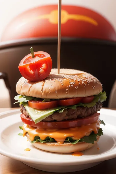 crie uma imagem realista de hamburguer pequeno, com uma carne, um molho cheddar um alface e umtomate