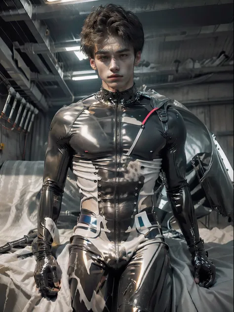 shinji，are standing，full bodyesbian，sunny and handsome，muscular body，large muscle，fully body photo，latex jumpsuit， latex shiny, ...