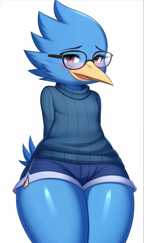 Berdly from Deltarune, professional art made by twistedscarlett60, 1boy, solo, male, avian, bird, avian tail, bird tail, blue body, blue feathers, feathery, blue skin, fully blue skin, completely blue skin, fully blue body, artist:twistedscarlett60, glasse...