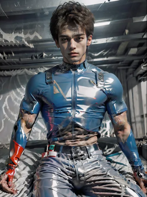 shinji，are standing，full bodyesbian，Sunny and handsome，Muscular body，large muscle，fully body photo，Blue latex jumpsuit， latex shiny, latex legwear，latex glove，Shin Evangelion，Put it on the combat base，Blue tight combat suit，Latex Combat Suit，Wear latex clo...