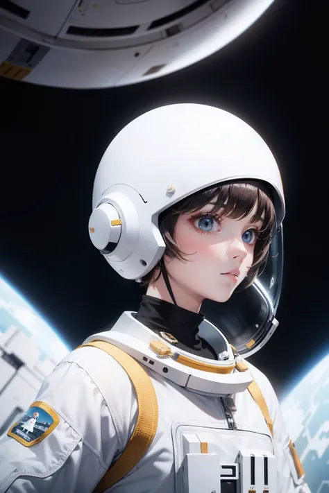 Astronaut short hair girl in white futuristic city