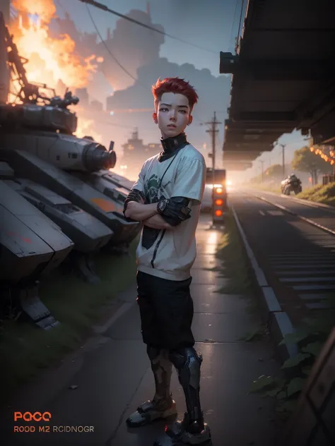 red head teen in real short sleeves stands next to a giant robot, Boy in mech cyber armor, Cyberpunk anime mech, Male mech, cgsociety and fenghua zhong, anime mecha aesthetic, mechanization, Handsome white boy cyborg, cyberpunk, green military camo, dynami...