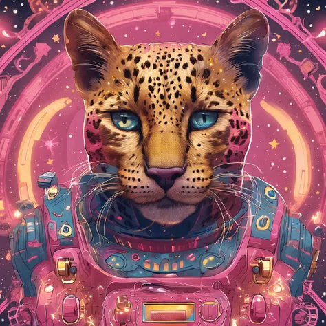 leopard cat whos fur is pink with gold spots and is part steampunk-like space ship, outer space with blue nebulas and bright stars, best quality, masterpiece, in flat design style