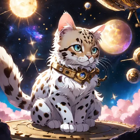 leopard cat whos fur is pink with gold spots and is part steampunk-like space ship, outer space with blue nebulas and bright stars, best quality, masterpiece