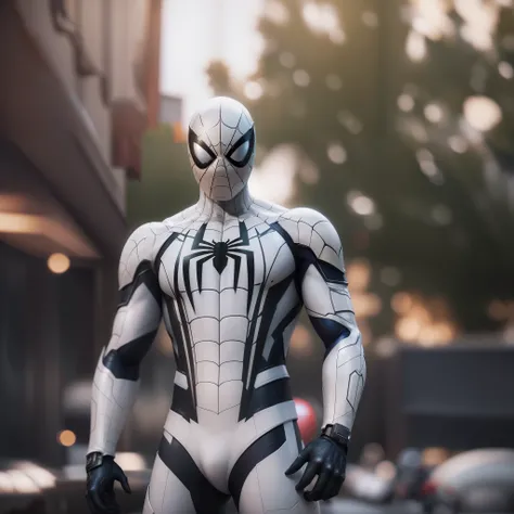 a spider-man with white titanium armor, hdr, uhd, 64k, highly detailed, professional photography by sergio nogueira, trending on artstation, unreal engine, vivid colors, high resolution scanning